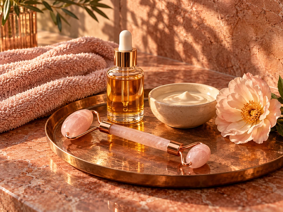 Ambientación de belleza con cuarzo rosa y productos de cuidado