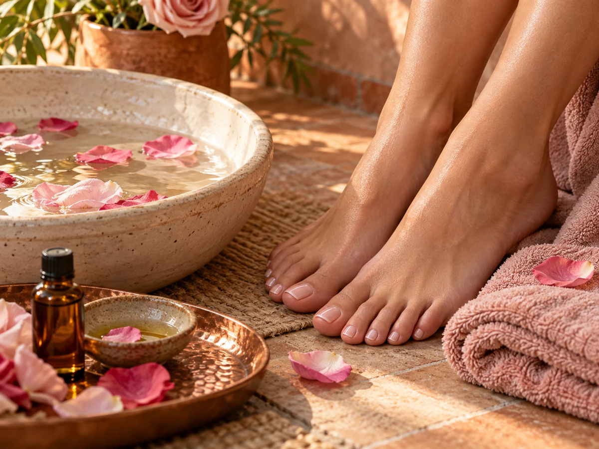 Ambientación de pedicure spa con toallas rosadas y pétalos