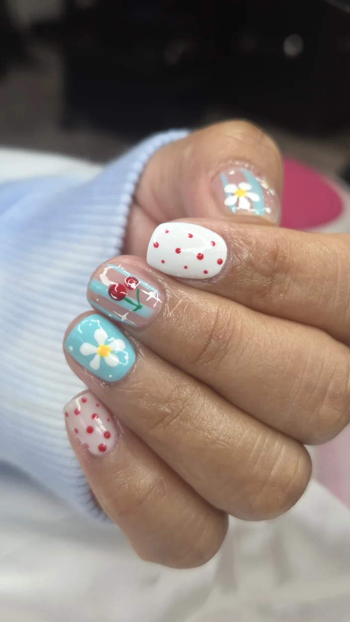 Diseño de uñas con acentos azules. Trabajo de Nails Spa by Ela.